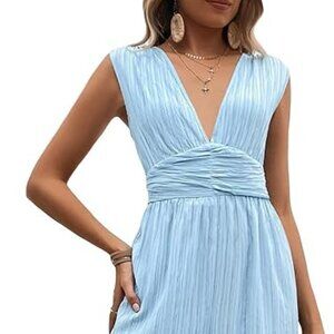 WDIRARA Women's Deep V Neck Wide Leg Tie Back Sleeveless Dressy Sexy Party Jumps